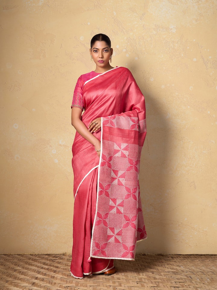 Close-up of intricate Sujani embroidery on Tussar Silk Saree