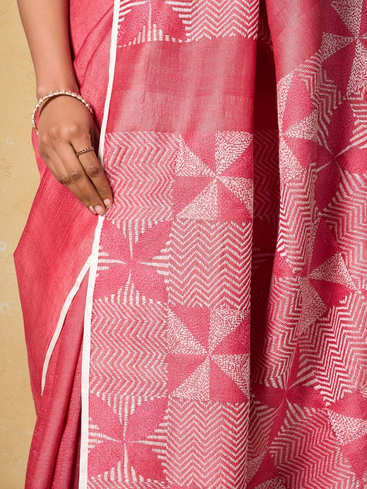 Detailed shot focusing on the texture and motifs of Tussar Silk Sujani Embroidered Saree