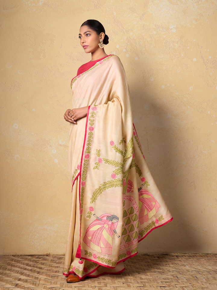 Side view of Tussar Silk Sujani Embroidered Saree draped elegantly