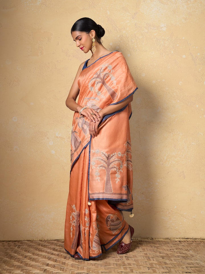 Orange Tussar Silk Sujani Embroidered Saree