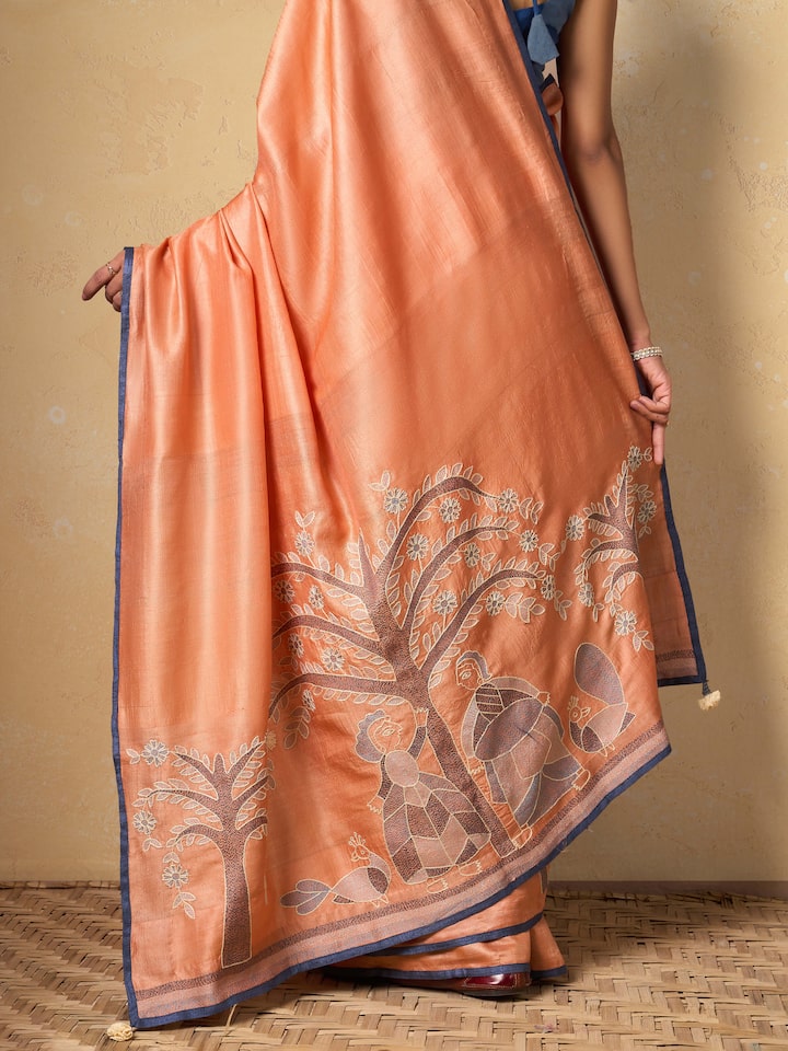 Orange Tussar Silk Sujani Embroidered Saree