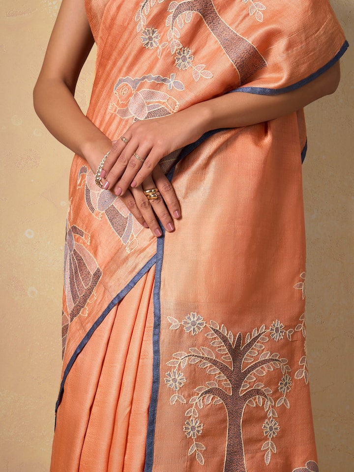 Orange Tussar Silk Sujani Embroidered Saree