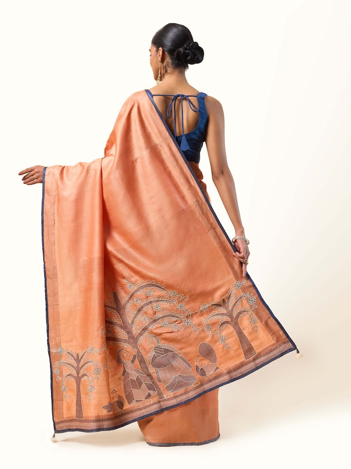 Orange Tussar Silk Sujani Embroidered Saree