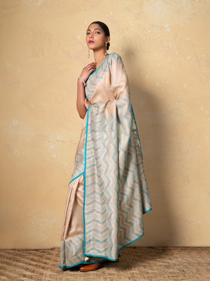 Close-up detail of Tussar Silk Sujani Embroidered Saree showcasing its embroidery and texture