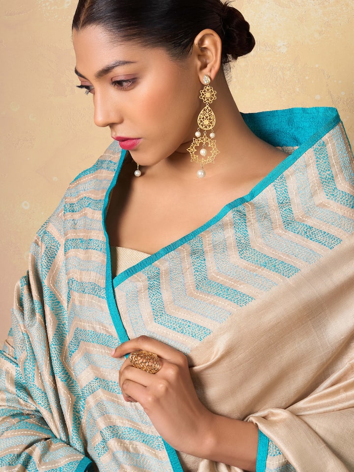 Detail shot of the intricate Sujani embroidery on Tussar Silk Saree