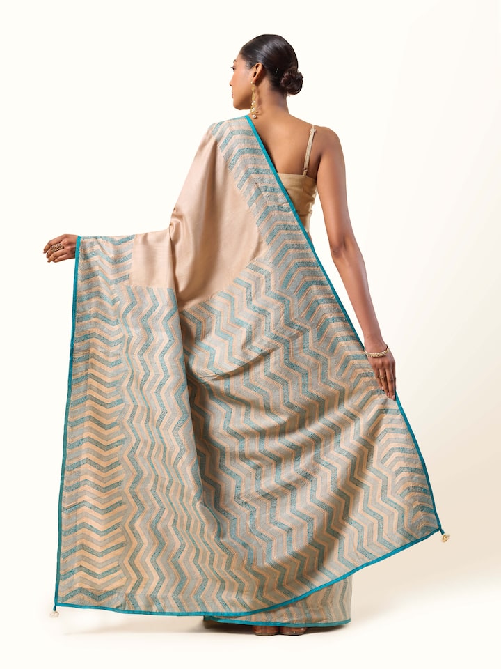 Back view of Tussar Silk Sujani Embroidered Saree showcasing its craftsmanship and texture