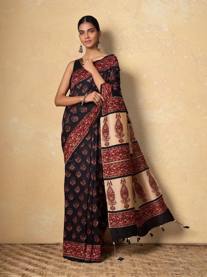 Side view of Cotton Natural Dyed Bagru Block Printed Saree showcasing its traditional craftsmanship and eco-friendly dyeing process