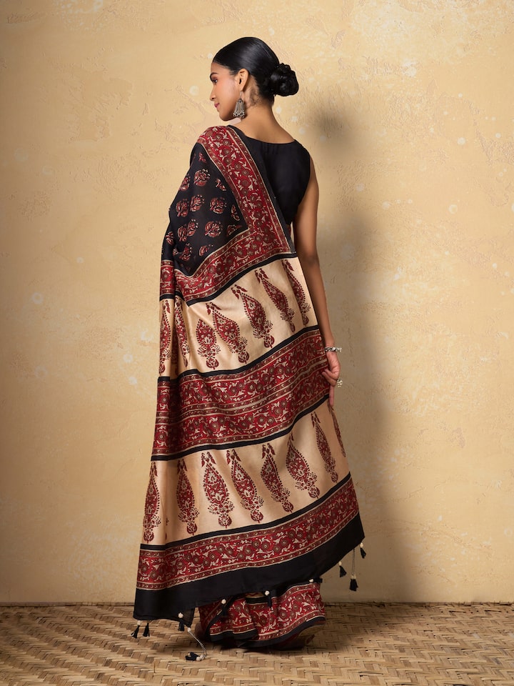 Angled view of Cotton Natural Dyed Bagru Block Printed Saree highlighting its texture and vibrant colors
