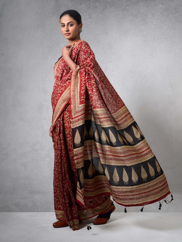 Side view of Cotton Silk Natural Dyed Bagru Block Printed Saree showcasing detailed craftsmanship and design