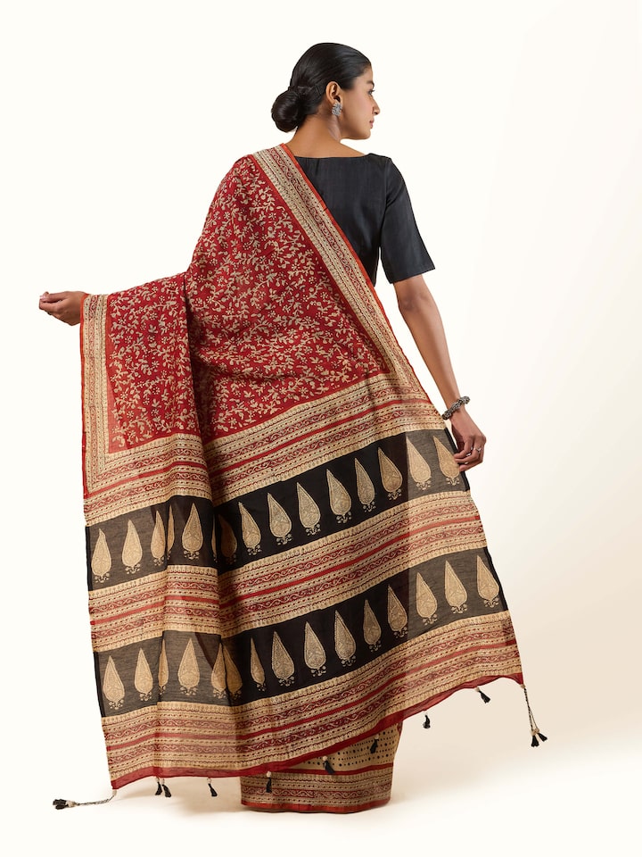 Top view of Cotton Silk Natural Dyed Bagru Block Printed Saree featuring intricate block prints and natural dye colors