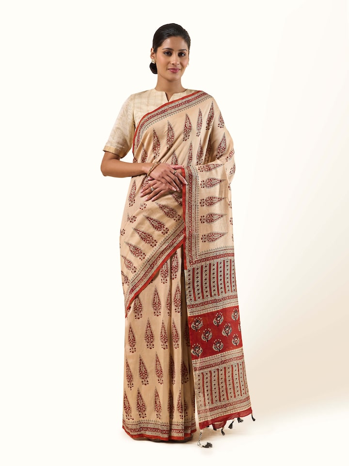 Front view of Beige & Red Cotton Natural Dyed Bagru Block Printed Saree showing the full drape and pallu design