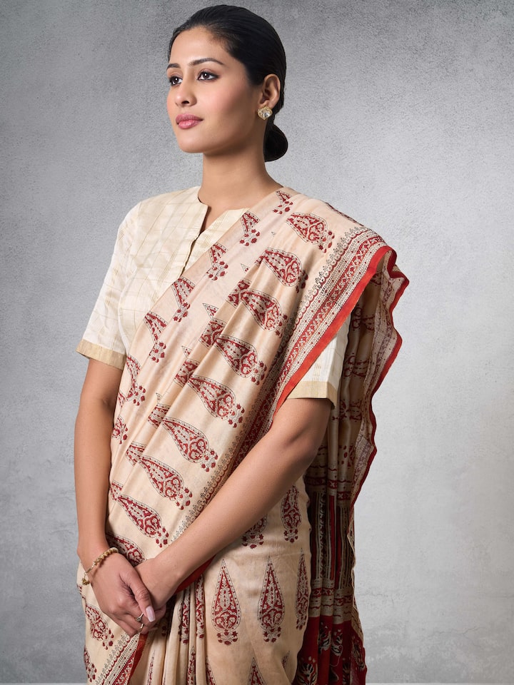 Close-up view of Beige & Red Cotton Natural Dyed Bagru Block Printed Saree highlighting the handwoven motif and texture
