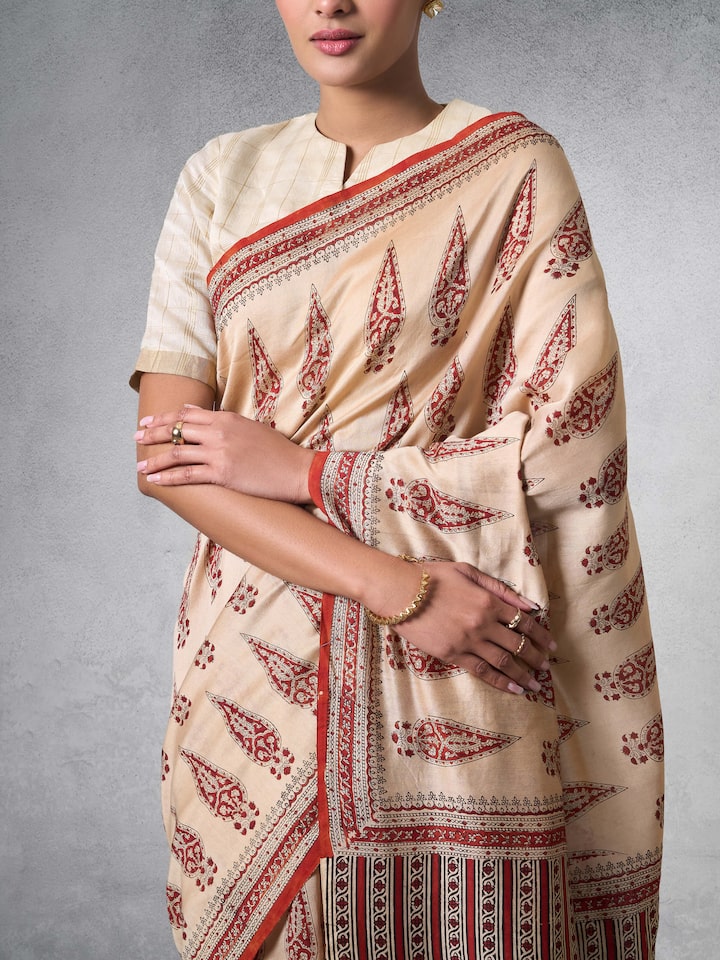 Detail view of Beige & Red Cotton Natural Dyed Bagru Block Printed Saree highlighting fine craftsmanship detail