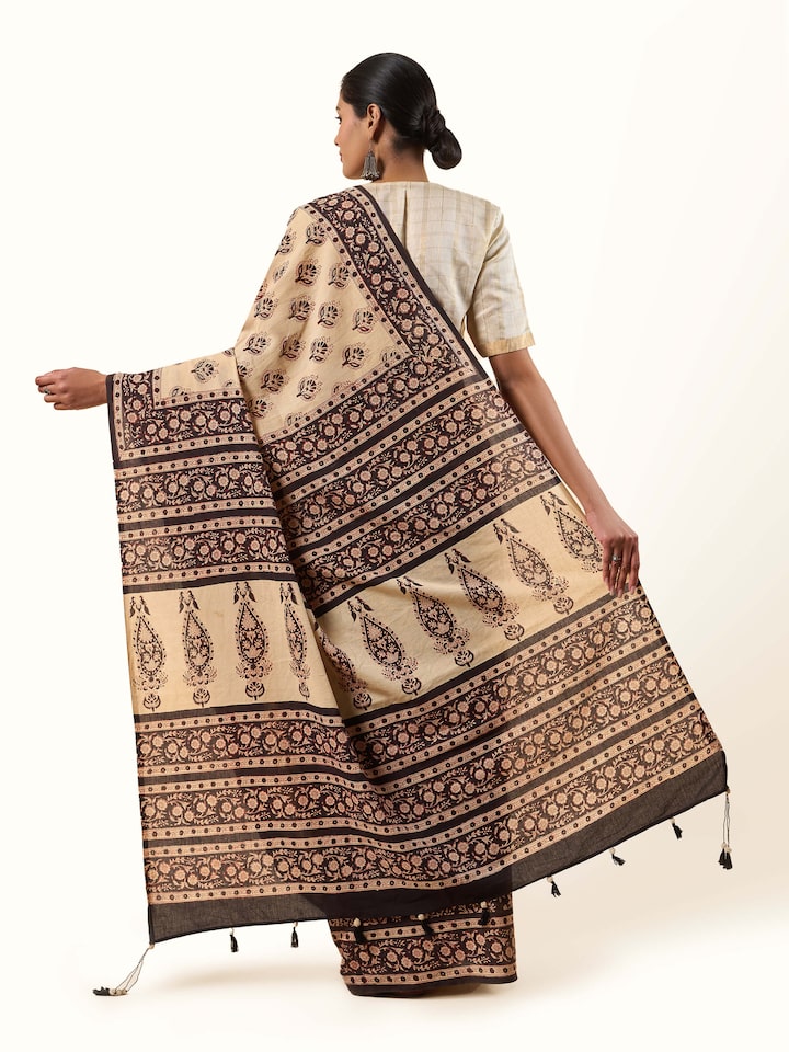 Top view of Cotton Natural Dyed Bagru Block Printed Saree highlighting traditional craftsmanship