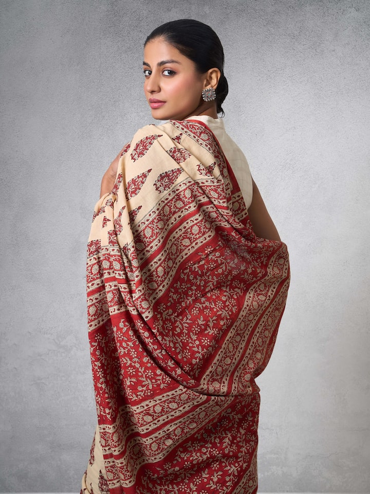 Close-up of Bagru block print on Cotton Natural Dyed Bagru Block Printed Saree
