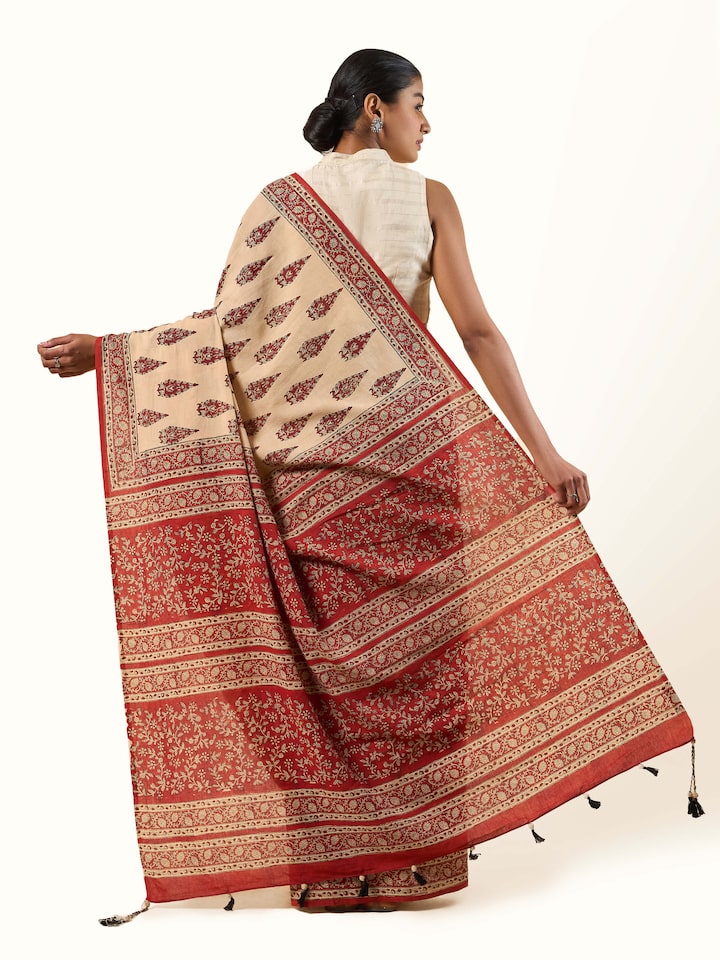 Back view of Cotton Natural Dyed Bagru Block Printed Saree illustrating design and fabric texture