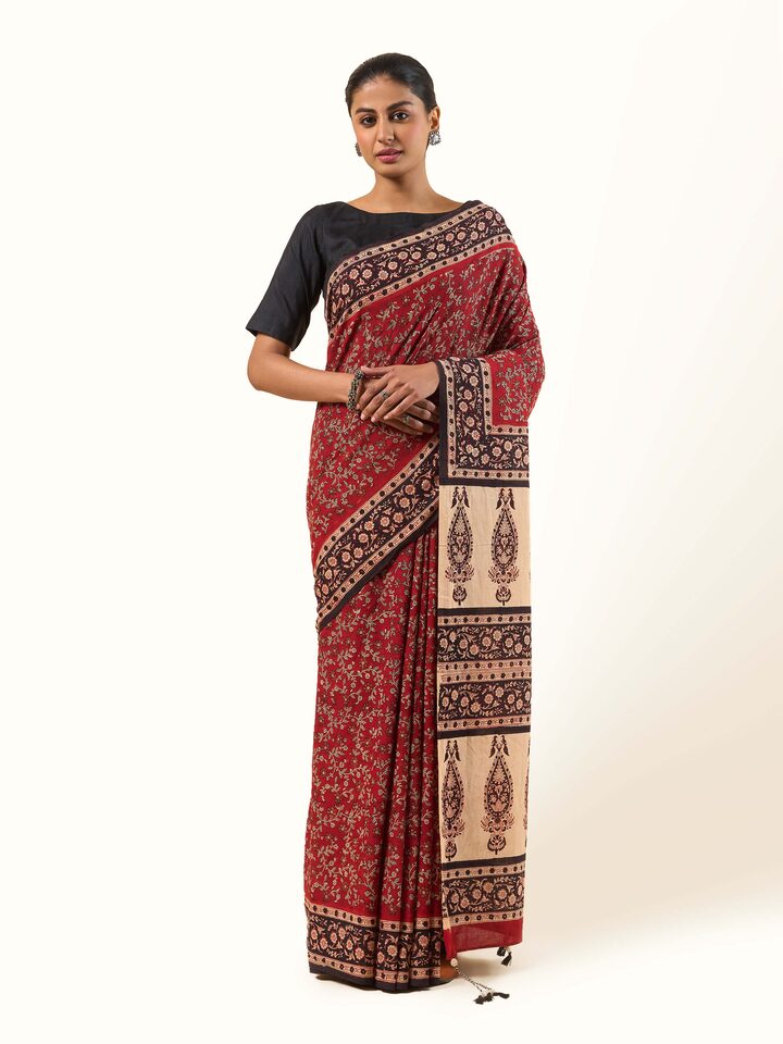 Front view of Cotton Natural Dyed Bagru Block Printed Saree with intricate block prints