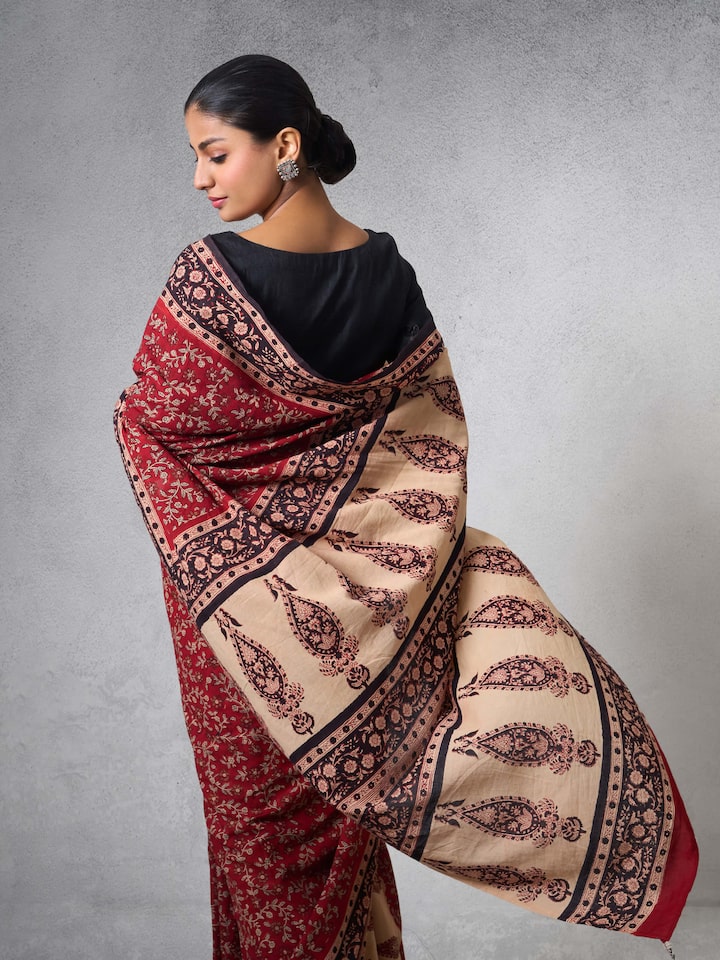 Side view of Cotton Natural Dyed Bagru Block Printed Saree showcasing natural dye patterns