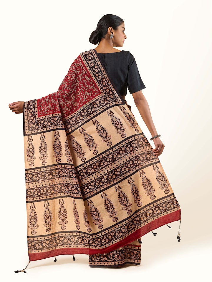 Detail shot of intricate block prints on Cotton Natural Dyed Bagru Block Printed Saree