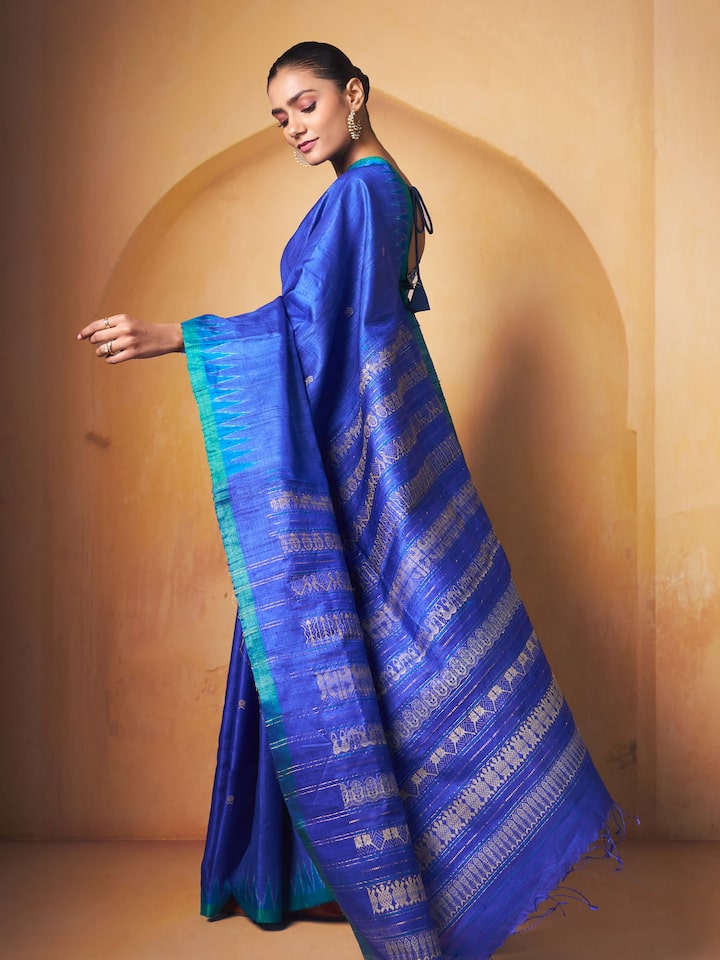 Side view of Tussar Silk Saree showcasing detailed craftsmanship and fabric texture