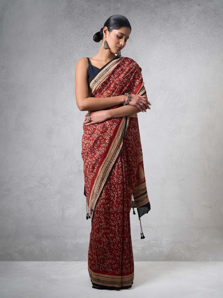 Black Dyed Cotton Silk Bagru Block Printed Saree