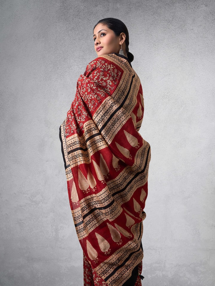 Black Dyed Cotton Silk Bagru Block Printed Saree