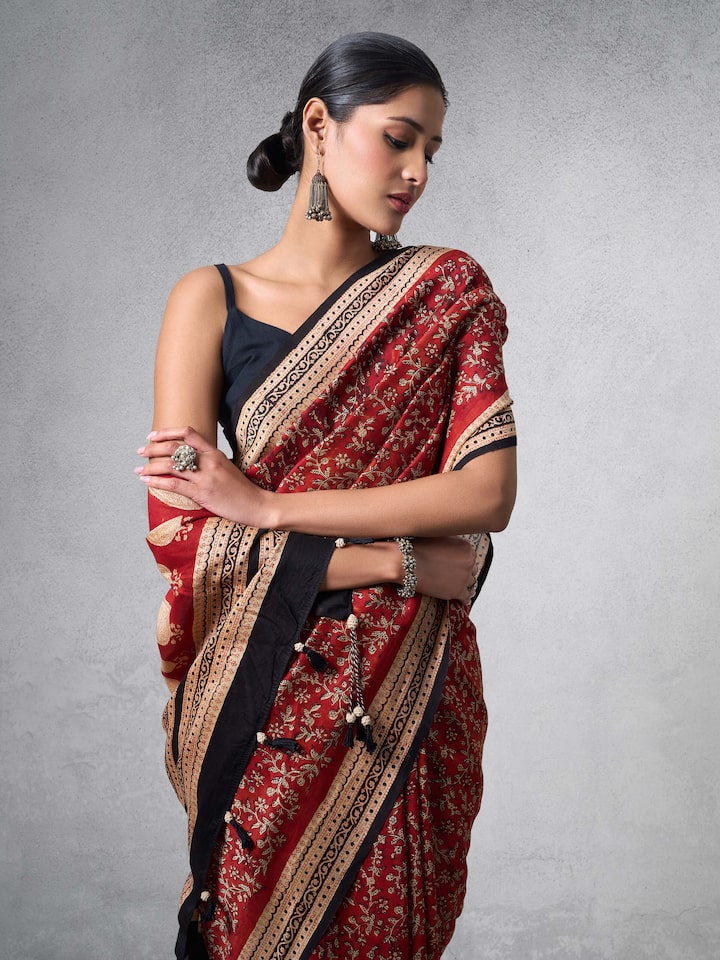 Black Dyed Cotton Silk Bagru Block Printed Saree