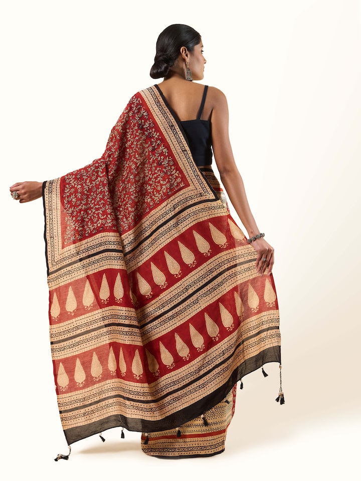 Black Dyed Cotton Silk Bagru Block Printed Saree