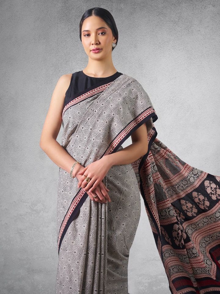 Black & White Chanderi Cotton Silk Bagh Block Printed Saree