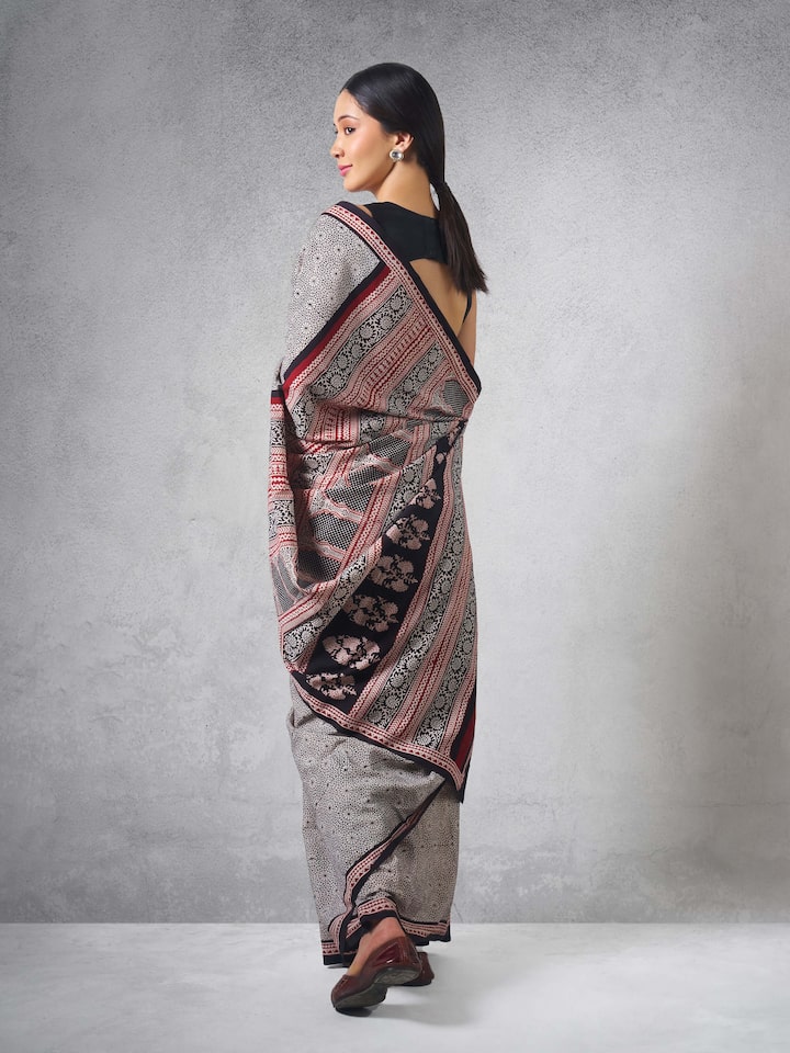 Black & White Chanderi Cotton Silk Bagh Block Printed Saree