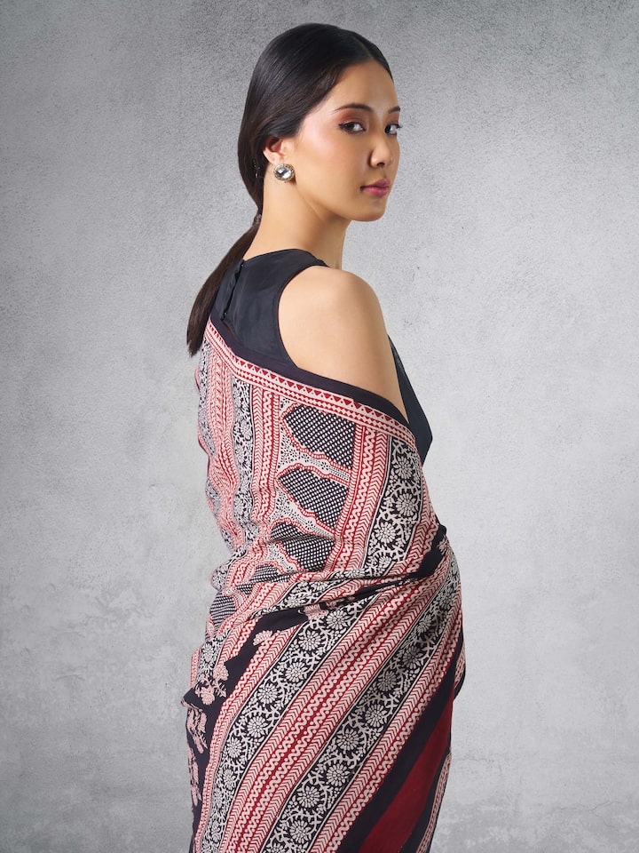 Black & White Chanderi Cotton Silk Bagh Block Printed Saree