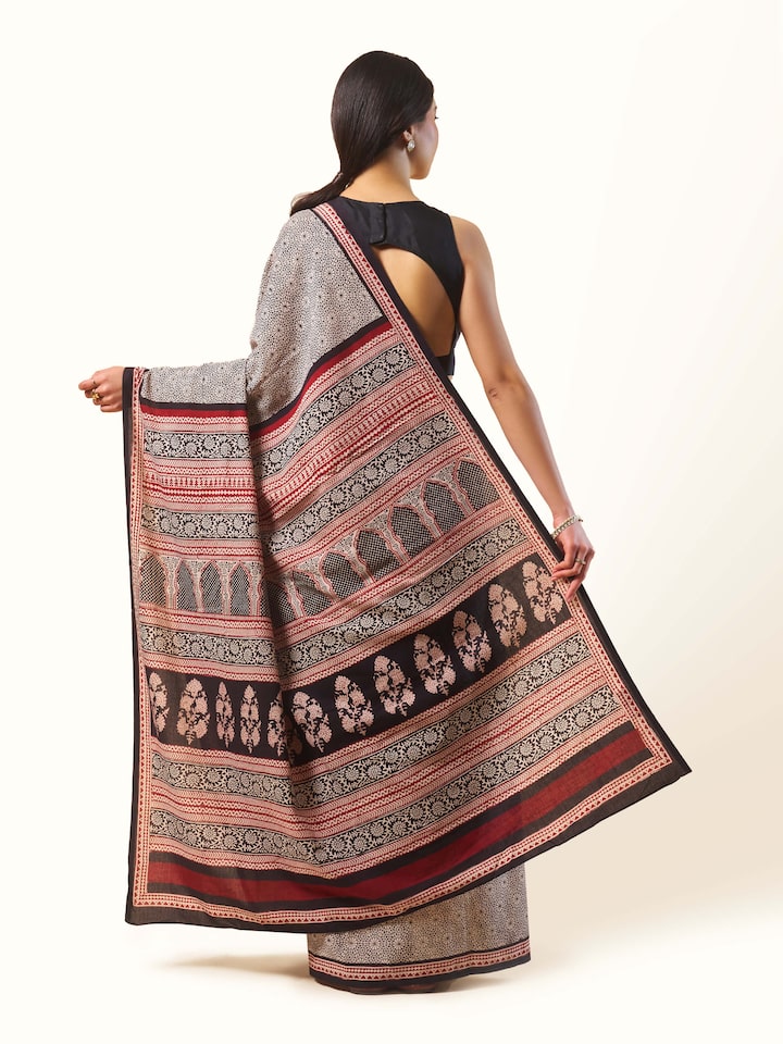 Black & White Chanderi Cotton Silk Bagh Block Printed Saree