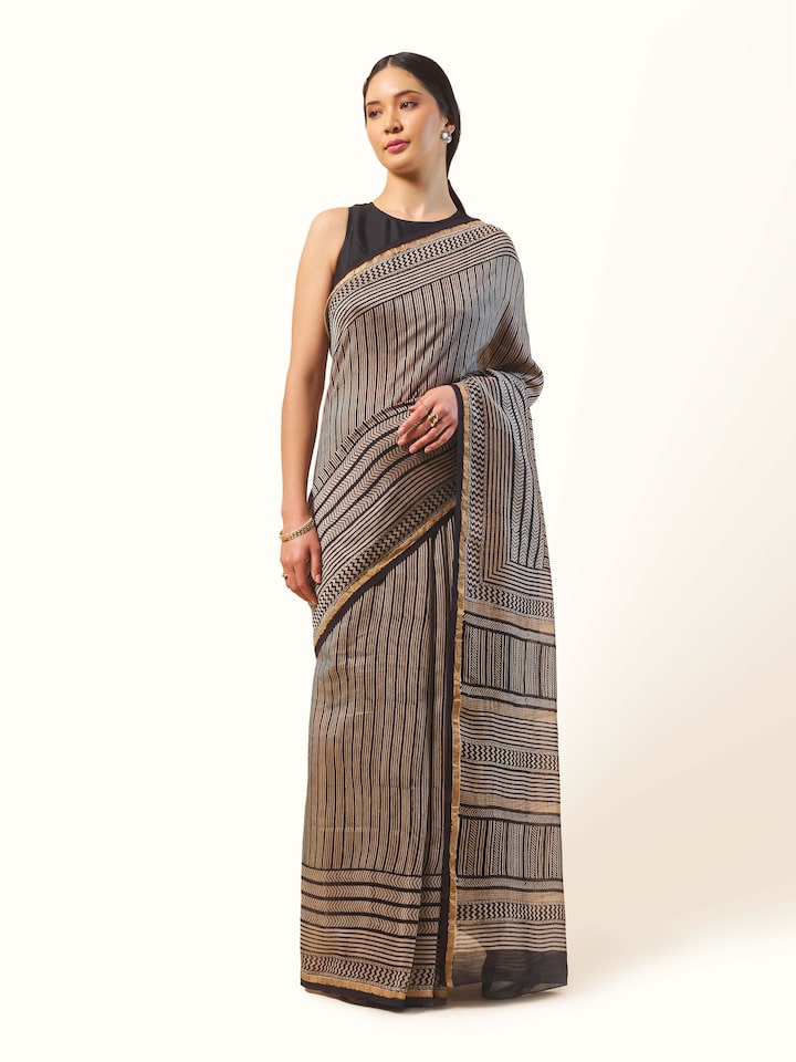 Black Chanderi Cotton Silk Bagh Block Printed Saree
