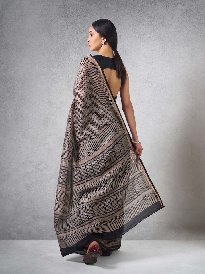 Black Chanderi Cotton Silk Bagh Block Printed Saree