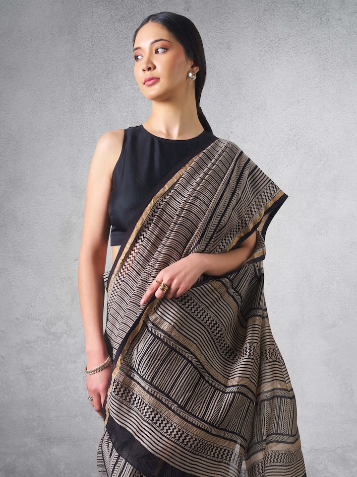 Black Chanderi Cotton Silk Bagh Block Printed Saree