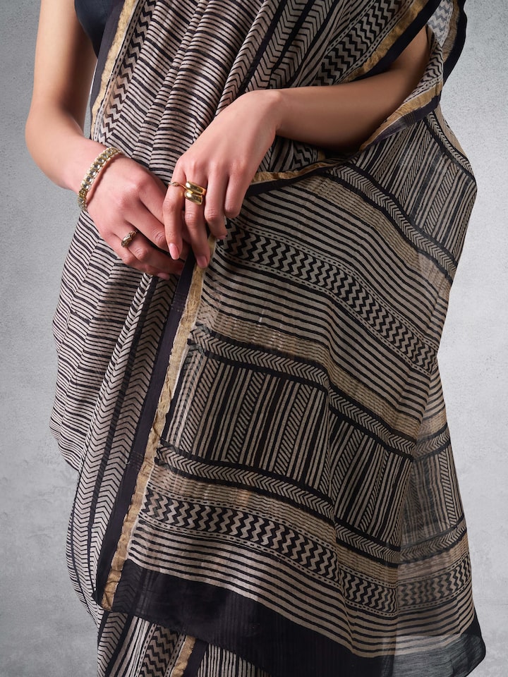 Black Chanderi Cotton Silk Bagh Block Printed Saree