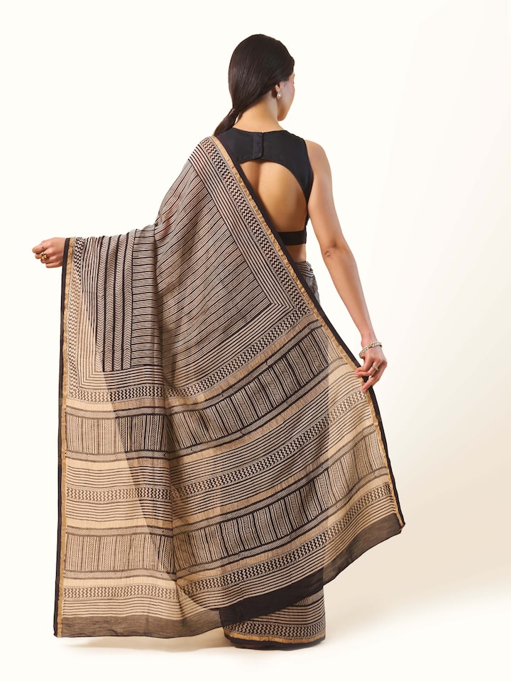 Black Chanderi Cotton Silk Bagh Block Printed Saree