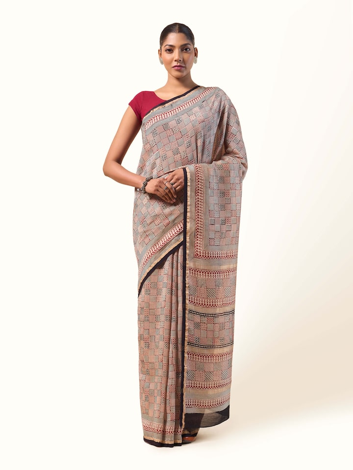 Red Chanderi Cotton Silk Bagh Block Printed Saree