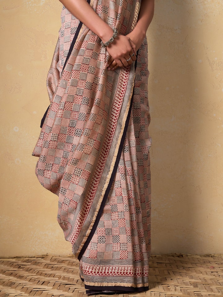 Red Chanderi Cotton Silk Bagh Block Printed Saree