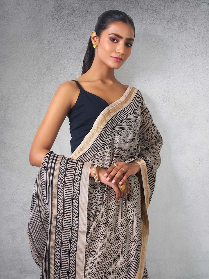 Black & Gold Chanderi Cotton Silk Bagh Block Printed Saree