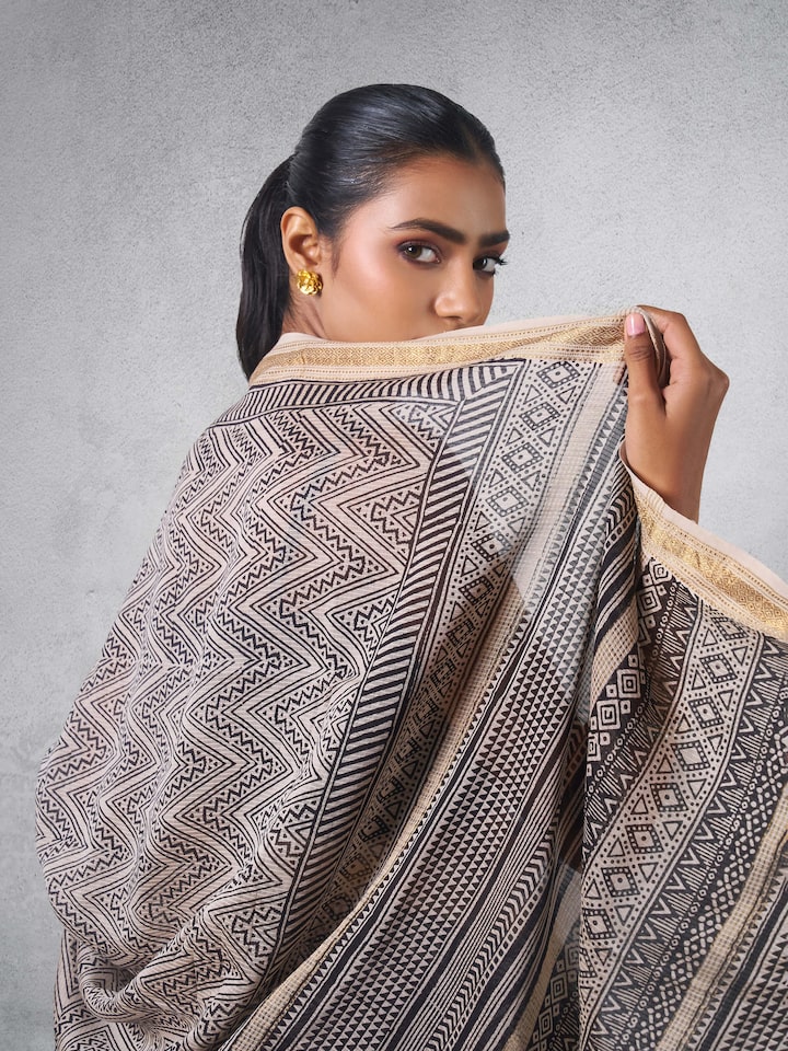 Black & Gold Chanderi Cotton Silk Bagh Block Printed Saree