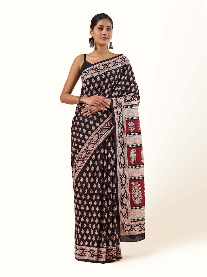Black Cotton Bagh Block Printed Saree