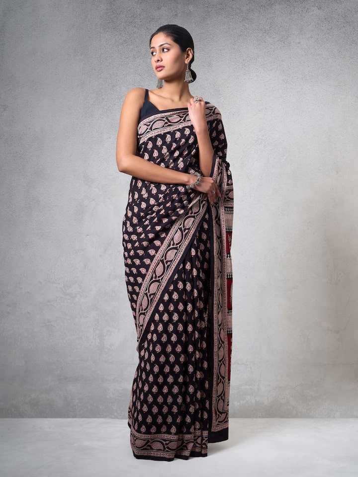 Black Cotton Bagh Block Printed Saree