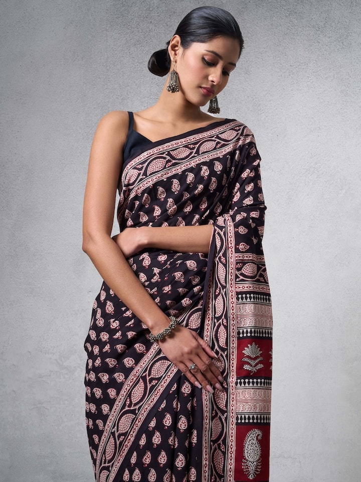 Black Cotton Bagh Block Printed Saree