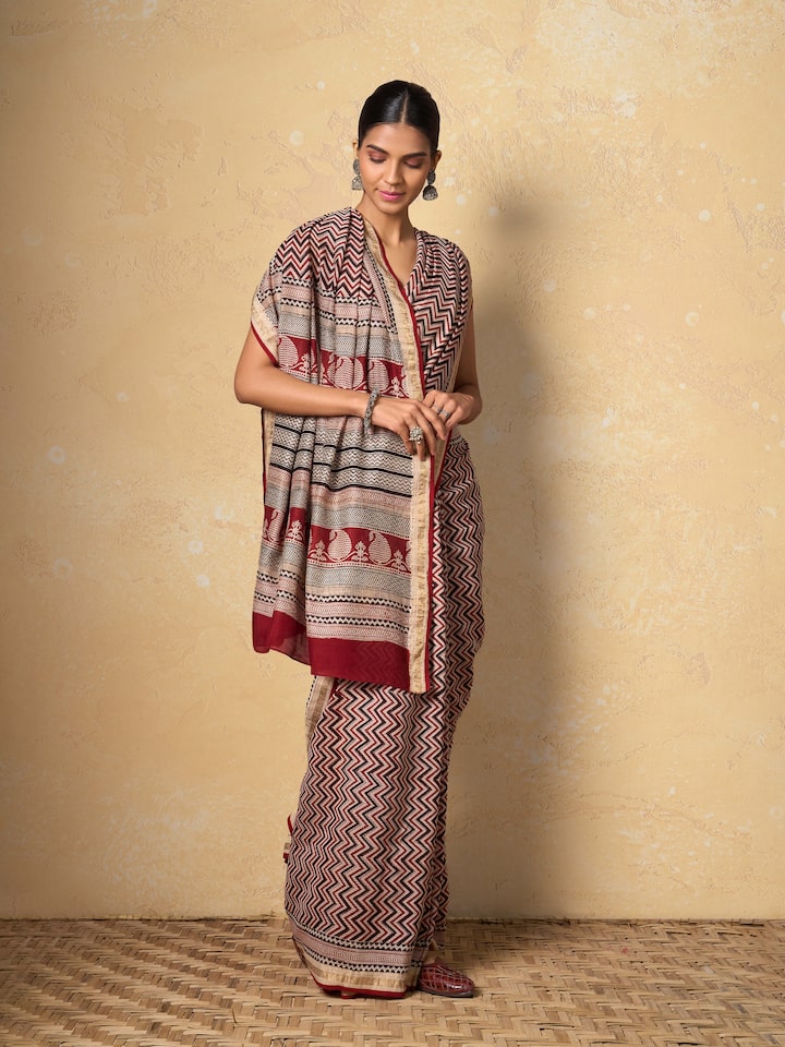 Black Cotton Silk Bagh Block Printed Saree