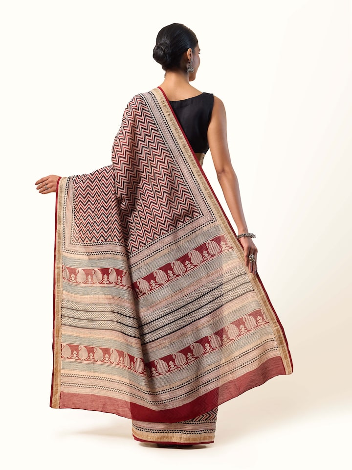 Black Cotton Silk Bagh Block Printed Saree