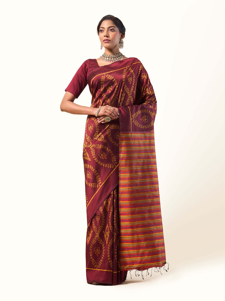 Brown Mulberry Silk Odisha Ikat Bandha Saree
