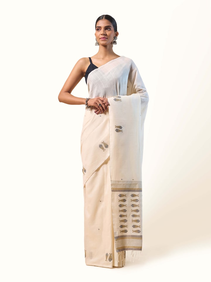 Off-white & Gold Cotton Extra-weft Saree