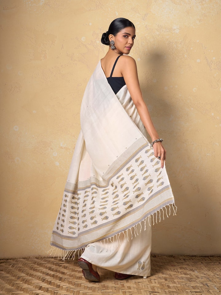 Off-white & Gold Cotton Extra-weft Saree