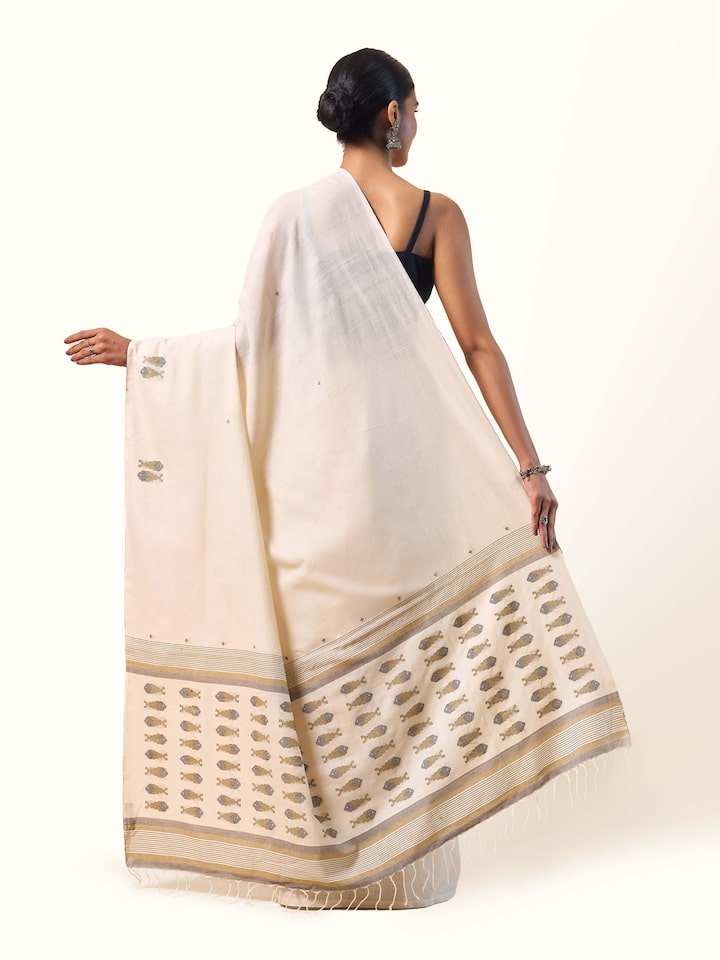 Off-white & Gold Cotton Extra-weft Saree